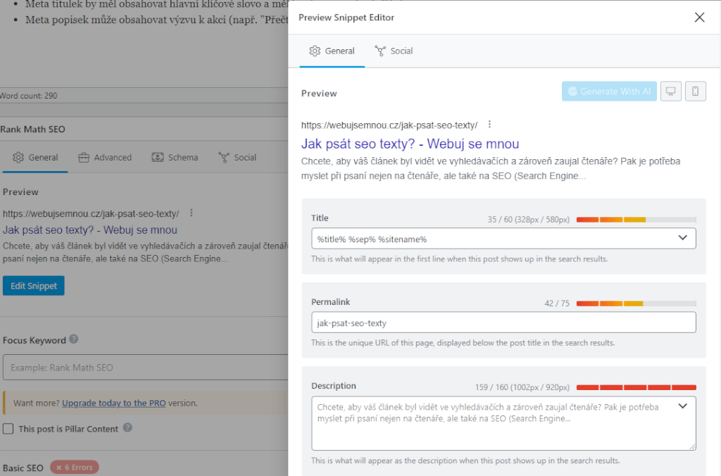 náhled bloku RankMath SEO ve WordPress
